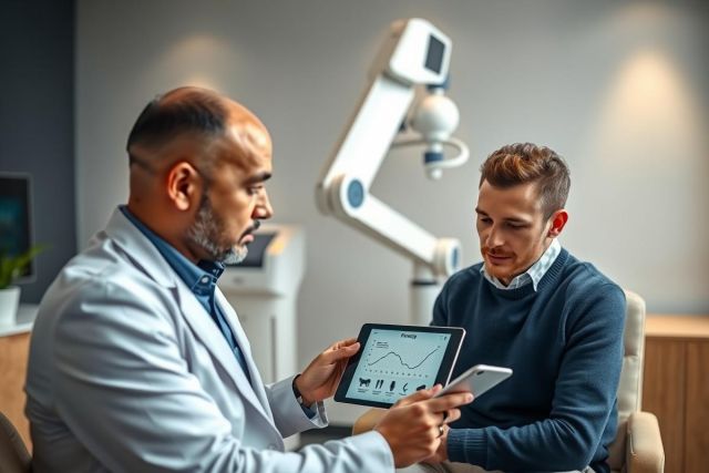 Doctor showing patient a tablet displaying a graph. Healthcare consultation, medical diagnosis, and patient education in a modern clinic setting. Blue and white tones.