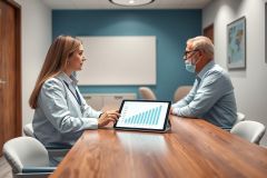 Healthcare consultation scene: A doctor in a blue shirt discusses data on a tablet with a senior man wearing a face mask. Set in a modern office with teal walls and a whiteboard, depicting medical review and patient care in a clinical setting. Focus on health, wellness, and data analysis.
