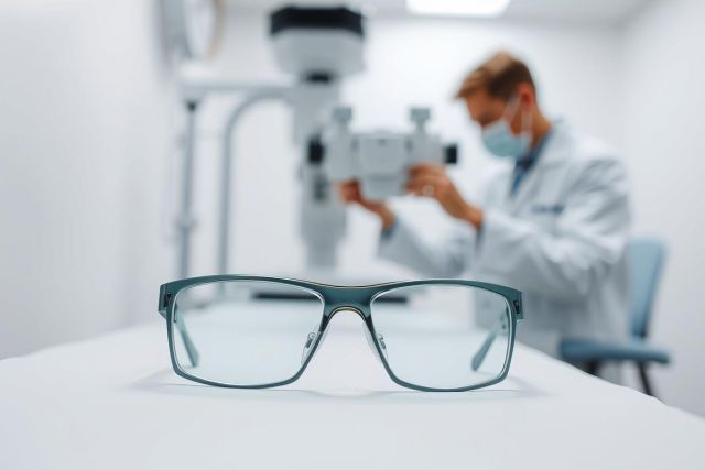 Eyeglasses on a white surface in an ophthalmology clinic. A blurred optometrist wearing a mask examines eyes with specialized equipment in the background. Focus on eyewear, eye care, and medical examination. Blue and gray tones dominate the scene.