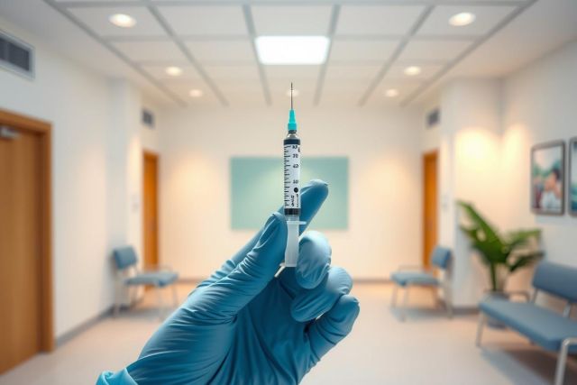 Close-up of a syringe held in a gloved hand, likely in a medical setting. The background shows a blurred waiting room or hallway with blue chairs and neutral tones. Focus on healthcare, medicine, and clinical environment.