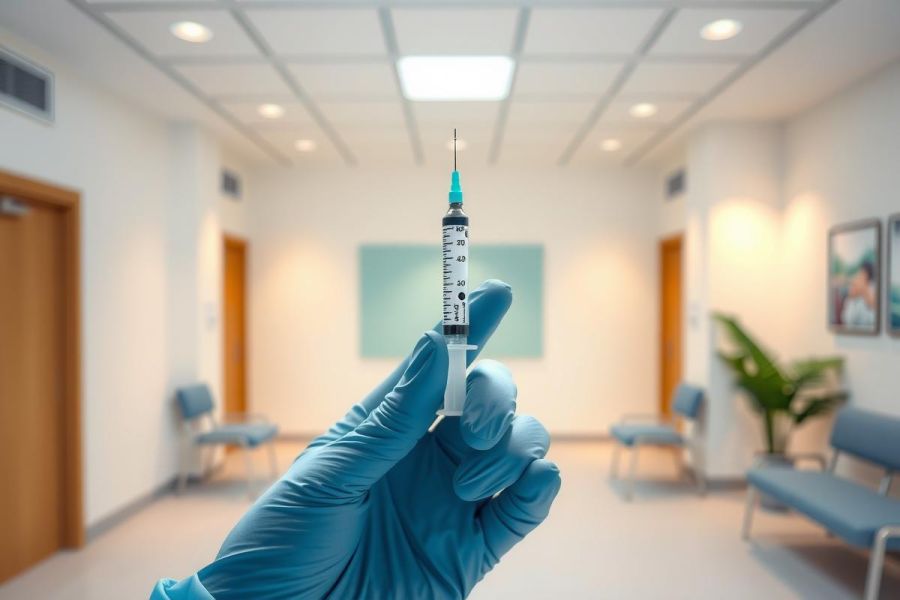 Close-up of a syringe held in a gloved hand, likely in a medical setting. The background shows a blurred waiting room or hallway with blue chairs and neutral tones. Focus on healthcare, medicine, and clinical environment.