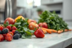Fresh fruit and vegetables on a kitchen counter. Strawberries, raspberries, blueberries, apples, oranges, carrots, and celery create a vibrant, healthy still life. Bright colors and natural light emphasize a focus on wellness and clean eating.