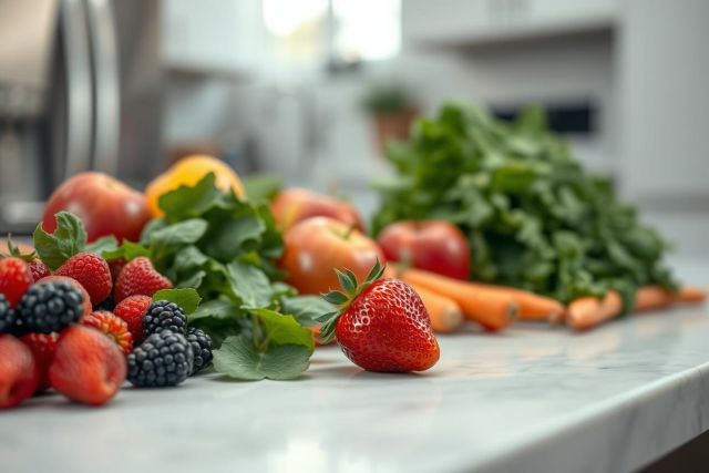 Fresh fruit and vegetables on a kitchen counter. Strawberries, raspberries, blueberries, apples, oranges, carrots, and celery create a vibrant, healthy still life. Bright colors and natural light emphasize a focus on wellness and clean eating.