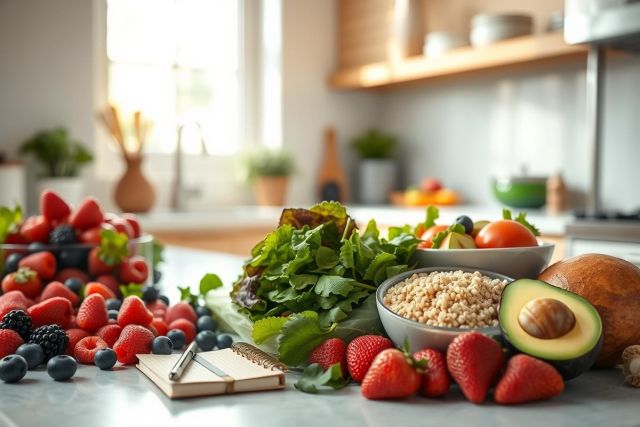 Healthy breakfast ingredients on a kitchen counter. Fresh strawberries, blueberries, lettuce, oats, avocado, and tomatoes are arranged with a notebook. Warm, natural light highlights the vibrant colors of this wholesome, nutritious meal prep scene.
