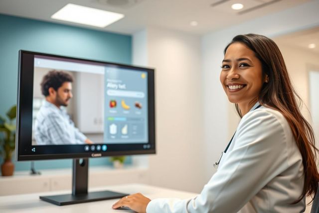 Healthcare professional smiling, looking at a computer screen displaying a telehealth video call with a patient. Bright, modern office setting with blue walls and natural light. Focus on remote medical consultation and digital healthcare technology.