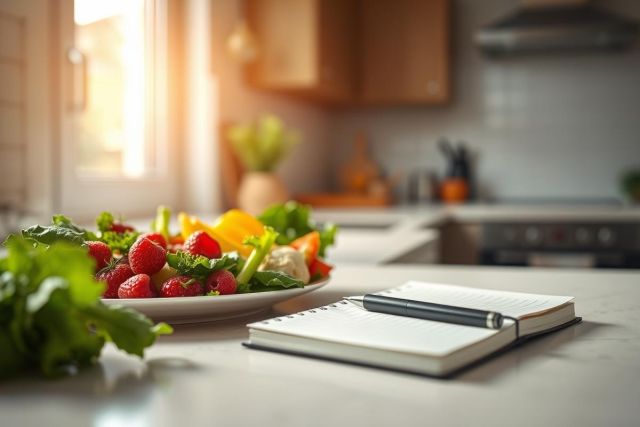 Healthy salad with strawberries and greens on a white plate sits beside an open notebook and pen in a bright, modern kitchen. Sunlight streams in, highlighting the fresh ingredients and creating a wholesome, wellness-focused scene. Ideal for food, healthy eating, or lifestyle imagery.