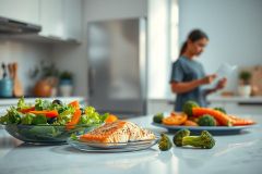 Healthy meal prep in a bright kitchen. Salmon, salad, and roasted vegetables are arranged on a countertop, with a woman reading a recipe in the background. Focus on fresh, nutritious ingredients and a clean, modern environment.