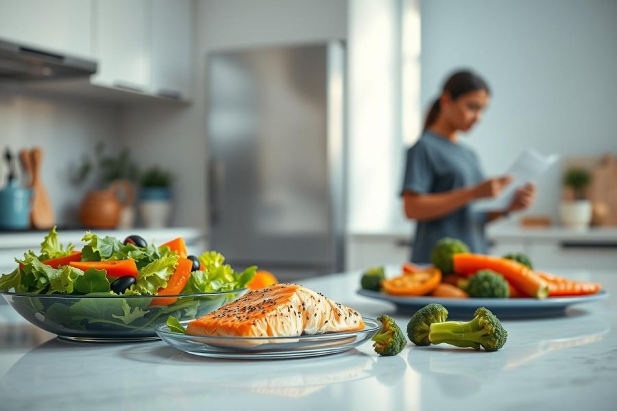 Healthy meal prep in a bright kitchen. Salmon, salad, and roasted vegetables are arranged on a countertop, with a woman reading a recipe in the background. Focus on fresh, nutritious ingredients and a clean, modern environment.