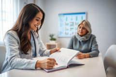 Doctor consulting with a patient in a bright, modern clinic. A female physician examines a medical chart while speaking with a mature woman. Healthcare, medical consultation, and patient care are key themes in this image featuring warm tones and a professional setting.