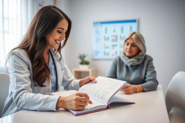 Doctor consulting with a patient in a bright, modern clinic. A female physician examines a medical chart while speaking with a mature woman. Healthcare, medical consultation, and patient care are key themes in this image featuring warm tones and a professional setting.
