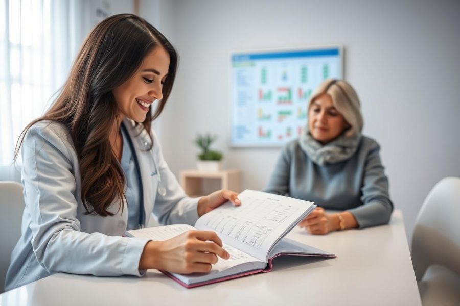 Doctor consulting with a patient in a bright, modern clinic. A female physician examines a medical chart while speaking with a mature woman. Healthcare, medical consultation, and patient care are key themes in this image featuring warm tones and a professional setting.