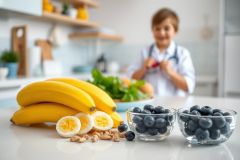 Healthy breakfast scene featuring bananas, blueberries, and boiled eggs on a kitchen table. A young boy dressed as a doctor is blurred in the background, suggesting healthy eating habits and childhood wellness. Bright, natural light and vibrant colors emphasize nutrition and a wholesome lifestyle.