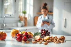 Healthy eating concept. Fresh fruits like apples, cherries, and grapes with nuts displayed in a bright kitchen. A doctor in the background reviews a tablet, suggesting nutritional guidance and wellness.