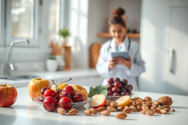 Healthy eating concept. Fresh fruits like apples, cherries, and grapes with nuts displayed in a bright kitchen. A doctor in the background reviews a tablet, suggesting nutritional guidance and wellness.