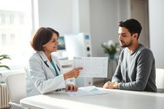 Doctor discussing test results with a patient in a bright, modern clinic. A female physician points to a chart while a man listens attentively. Healthcare consultation, medical examination, and patient care are key themes in this image. White and neutral tones dominate the scene.