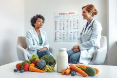 Doctor discussing food allergies with a patient in a clinical setting. Fresh produce and a milk bottle are displayed on a table, highlighting dietary concerns. The image features a modern, bright interior and emphasizes health and wellness.