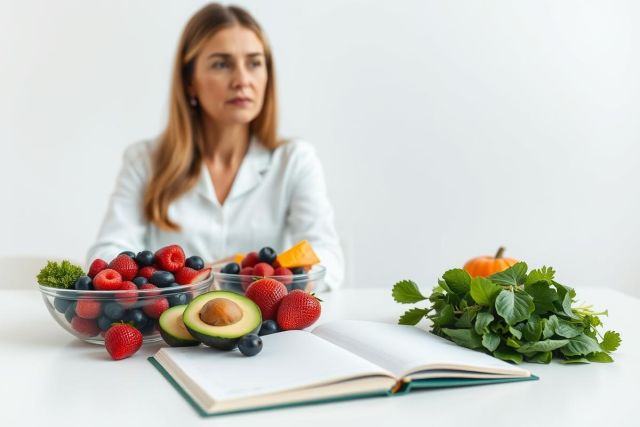 Healthy eating concept with fresh berries, avocado, and produce displayed on a table. A woman in a white shirt is blurred in the background, suggesting a nutritionist or wellness focus. Bright, vibrant colors highlight the nutritious ingredients and promote a healthy lifestyle image.