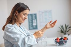 A smiling female doctor in a white lab coat holds a pill, with a glass of water and a bowl of fresh berries on a white table. The bright, clean setting suggests healthcare, wellness, and healthy living. Focus on medication and nutrition.