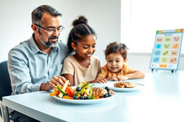 Family mealtime: A father and two children enjoy healthy plates with colorful fruits, vegetables, and chicken. Bright, modern kitchen setting with a chart visible in the background. Focus on nutrition and family bonding.