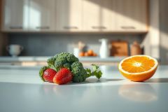 Healthy food still life featuring broccoli, strawberries, and a halved orange on a kitchen countertop. Bright, natural light illuminates the vibrant green and red produce, set against a blurred background of modern kitchen cabinets. Focus on healthy eating and fresh ingredients.
