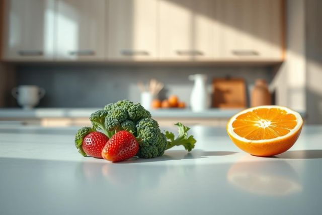 Healthy food still life featuring broccoli, strawberries, and a halved orange on a kitchen countertop. Bright, natural light illuminates the vibrant green and red produce, set against a blurred background of modern kitchen cabinets. Focus on healthy eating and fresh ingredients.