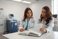 Two female doctors in white coats reviewing medical records in a bright, modern clinic. Focus on healthcare professionals, consultation, and medical examination in a clean, professional setting. Blue medical equipment and neutral color palette.