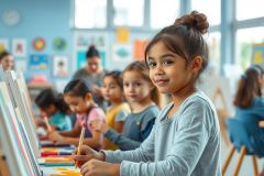 Group of elementary school children painting in a bright classroom. Diverse kids are focused on art easels, creating colorful artwork. A teacher is present. The scene depicts learning, creativity, and childhood education.