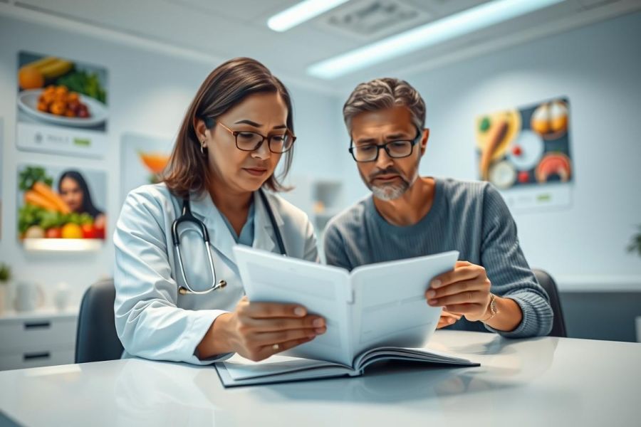 Doctor and patient reviewing medical records in a bright, modern clinic. Image shows a healthcare consultation with a focus on wellness and healthy eating, with food photography displayed in the background. Professional medical setting, warm lighting.