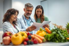 Doctor consults with patients about healthy eating. Image features a nutritionist, vibrant fruits and vegetables, and medical documents in a bright, modern clinic setting. Focus on wellness, healthcare, and diet.