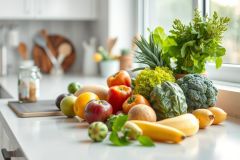 Fresh, colorful fruits and vegetables including pineapple, tomatoes, apples, broccoli, and herbs displayed on a kitchen countertop near a window. Healthy food, vibrant colors, and a bright, clean kitchen setting evoke a sense of wellness and fresh produce.