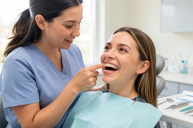 Dental hygienist examining a smiling patient's front teeth in the treatment chair, explaining oral care.