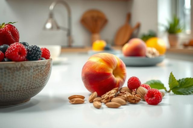 Fresh fruit still life on a kitchen counter. Includes raspberries, almonds, a peach, and other berries in bowls. Warm colors and natural light create a cozy feel.