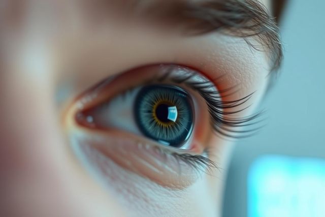 Close-up of a striking blue eye with golden irises and long eyelashes. The eye is set against a blurred background, suggesting a screen or digital environment. Focus is sharp on the eye, highlighting details and creating a captivating portrait.