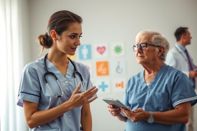 The image depicts a medical setting with two nurses engaged in conversation. The nurses are wearing typical hospital uniforms and one of them is holding a tablet, suggesting they might be reviewing patient information or discussing healthcare-related topics.