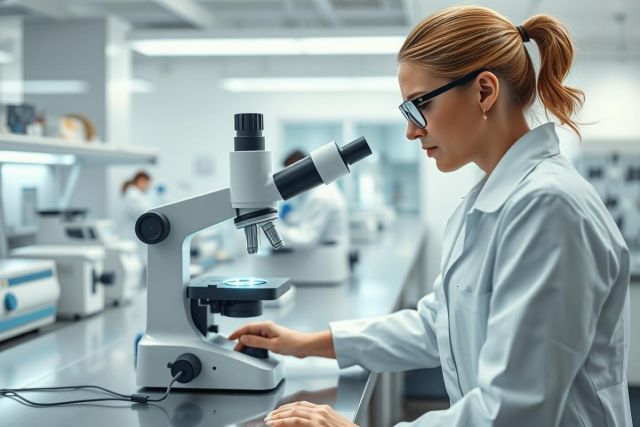 Scientist in a modern laboratory using a microscope. Focus on research, science, and medical analysis. Bright, clean environment with lab equipment. Woman in white coat, professional setting.
