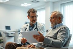 Doctor consults with senior patient in a bright, modern clinic. The doctor, wearing a stethoscope, reviews paperwork with an elderly man. Healthcare, medical consultation, and patient care themes are evident in this scene with a focus on wellness and aging.