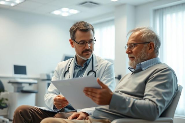 Doctor consults with senior patient in a bright, modern clinic. The doctor, wearing a stethoscope, reviews paperwork with an elderly man. Healthcare, medical consultation, and patient care themes are evident in this scene with a focus on wellness and aging.