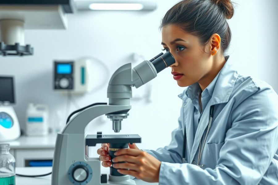 Scientist using a microscope in a lab. Focus on research, biology, and scientific analysis. Blue lab coat, bright lighting, and detailed equipment visible.