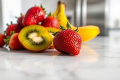 Fresh fruits on a white marble surface. Includes bright red strawberries, a yellow banana, and sliced kiwi with green flesh. A healthy and vibrant still life composition, ideal for food photography and healthy eating concepts. Close-up view showcases the fruit's textures and colors.