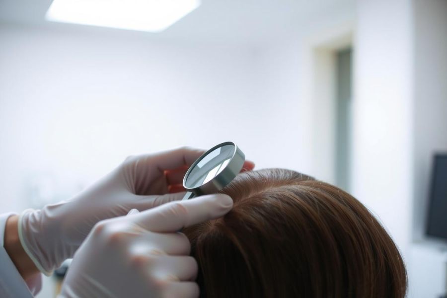 Close-up of a medical professional examining a patient's scalp with a magnifying glass. Focus on skin assessment, dermatology, and healthcare examination. Bright, clinical setting.