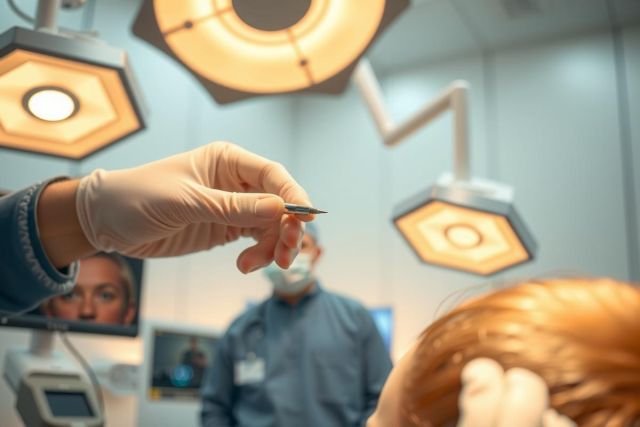 Surgical procedure in progress. A gloved hand holds a surgical instrument under bright operating room lights. Medical professionals are visible in the background. Focus on sterile environment and precision.
