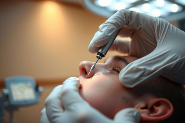 Close-up of a medical procedure. A wearing wearing gloves operates on a patient's mouth with medical tool. The setting appears to be a clinic, with a blue container visible in the background. The image showcases a medical examination in a professional environment.