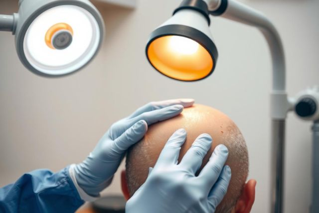 Close-up of a medical examination. A healthcare professional in gloves assesses a patient's scalp. Bright surgical lights illuminate the scene, focusing on the head. Medical procedure or dermatology checkup.