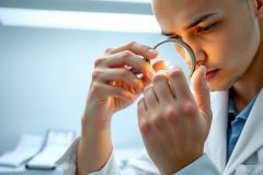 Scientist examining a sample with a magnifying glass in a lab. Focus on precision and detail. White coat, lab environment, research, close-up view.