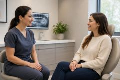 Dental consultation in modern clinic, clinician and patient discussing treatment with dental X-ray visible.