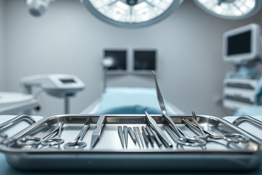 Surgical instruments arranged on a stainless steel tray in a sterile operating room. The scene features a blurred background of medical equipment and blue-toned lighting, emphasizing a clinical and professional environment. Healthcare, surgery, and medical tools are key themes.