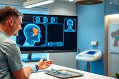 Doctor examines brain scan on monitor in a modern medical setting. Focus on diagnostics, neurological imaging, and healthcare technology. Blue and white environment with surgical tools visible.