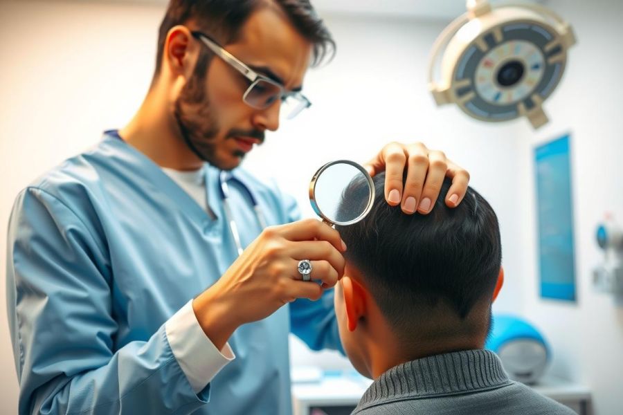 Doctor examining a patient's ear with an otoscope in a medical setting. Blue scrubs, close-up view, healthcare professional, diagnostic checkup.
