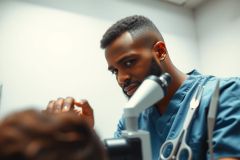 Scientist in a blue lab coat examines a microscope. The image showcases a professional environment with tools and equipment, likely used for research or medical analysis.