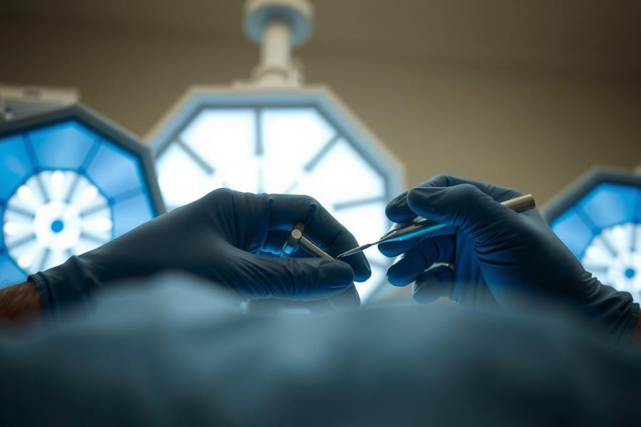 Surgical procedure in progress. Hands in blue gloves holding instruments under bright operating room lights. Focus on precision and sterile environment, likely a close-up of a medical operation.